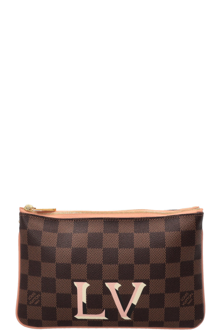 LOUIS VUITTON Double Zip Pochette Canvas Damier Ebene Pink