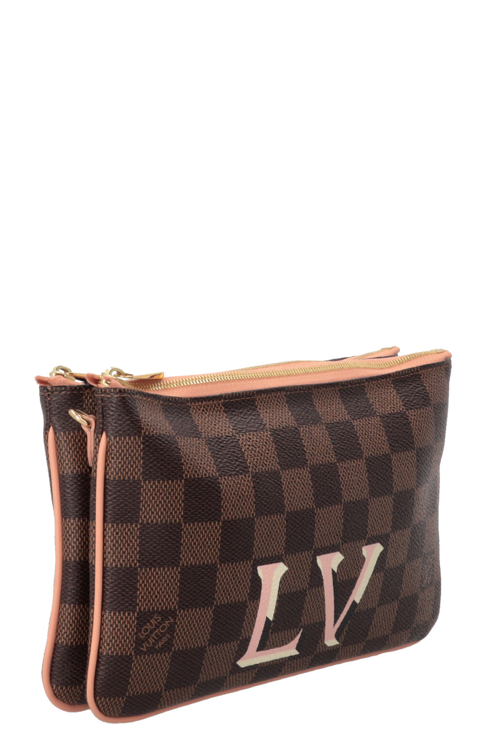 LOUIS VUITTON Double Zip Pochette Canvas Damier Ebene Pink