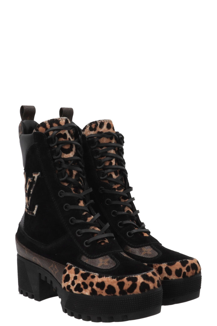 LOUIS VUITTON Laureate Leopard Print Ankle Boots Suede Black