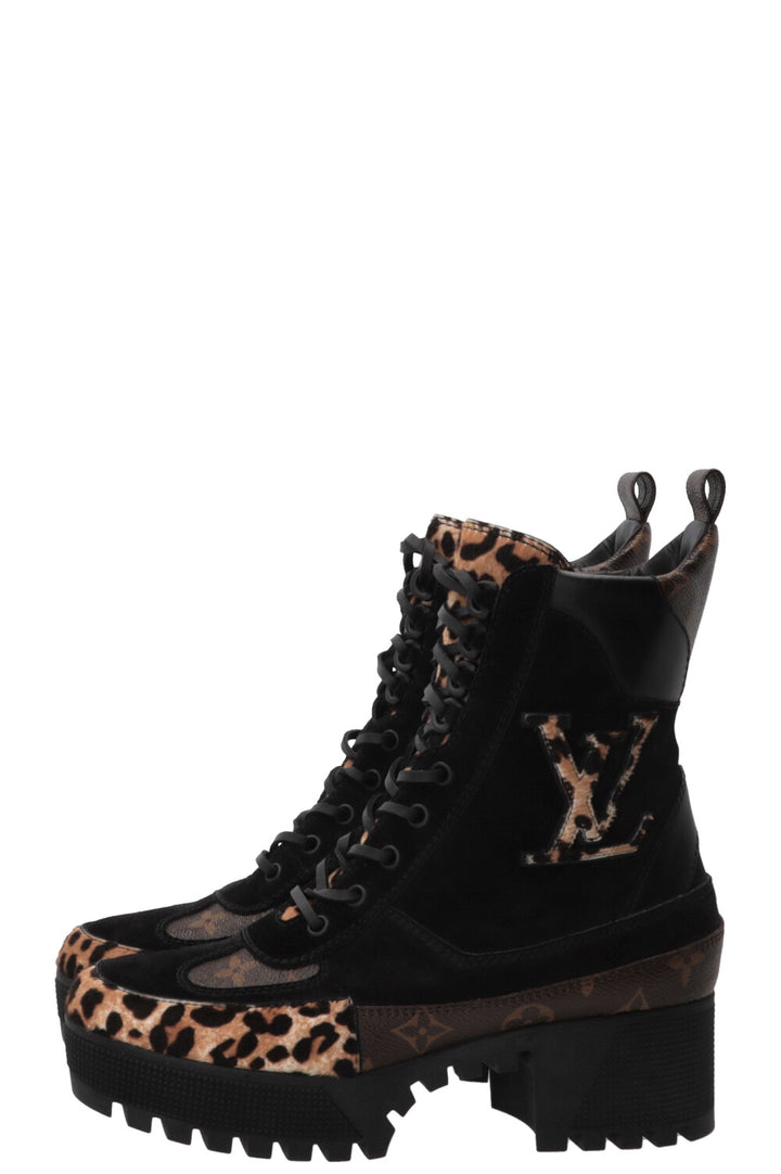 LOUIS VUITTON Laureate Leopard Print Ankle Boots Suede Black