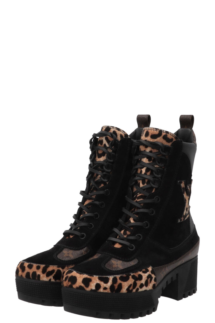 LOUIS VUITTON Laureate Leopard Print Ankle Boots Suede Black