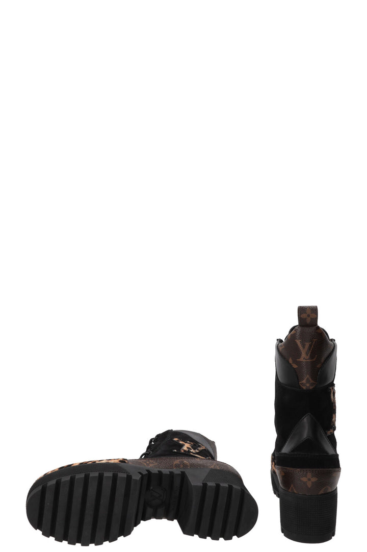 LOUIS VUITTON Laureate Leopard Print Ankle Boots Suede Black