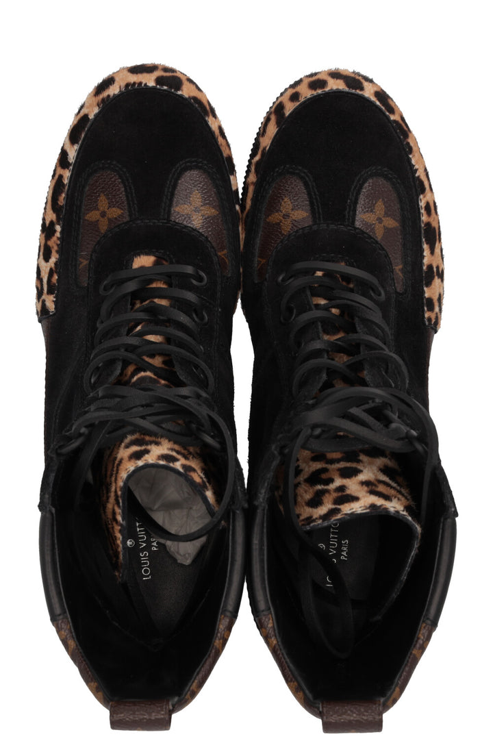 LOUIS VUITTON Laureate Leopard Print Ankle Boots Suede Black
