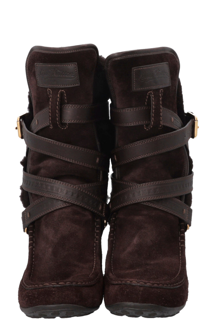 LOUIS VUITTON Moccasin Boots Fur Shearling Suede Brown