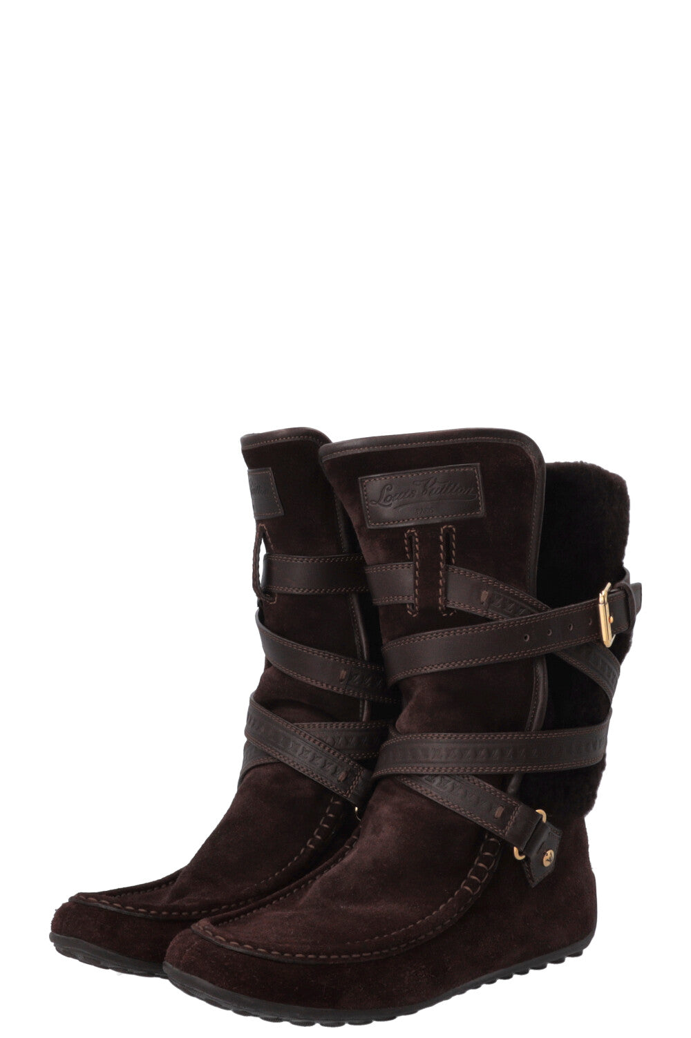 LOUIS VUITTON Moccasin Boots Fur Shearling Suede Brown