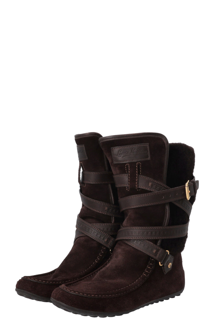 LOUIS VUITTON Moccasin Boots Fur Shearling Suede Brown