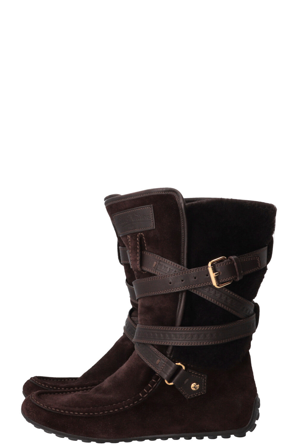 LOUIS VUITTON Moccasin Boots Fur Shearling Suede Brown