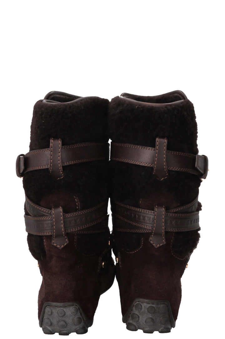 LOUIS VUITTON Moccasin Boots Fur Shearling Suede Brown