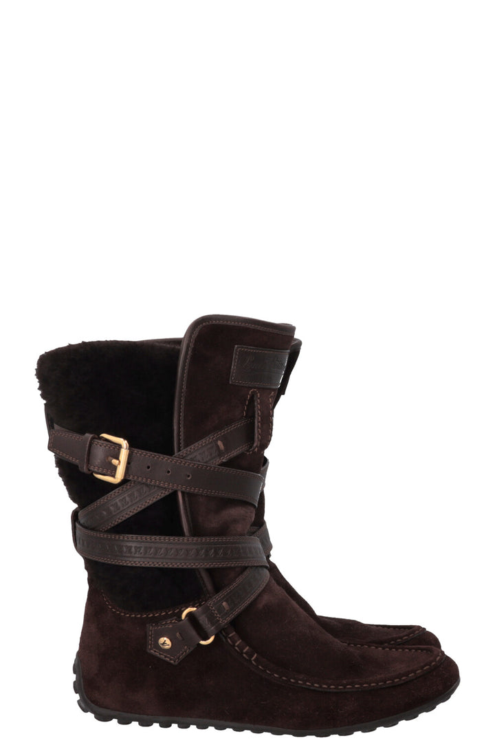 LOUIS VUITTON Moccasin Boots Fur Shearling Suede Brown