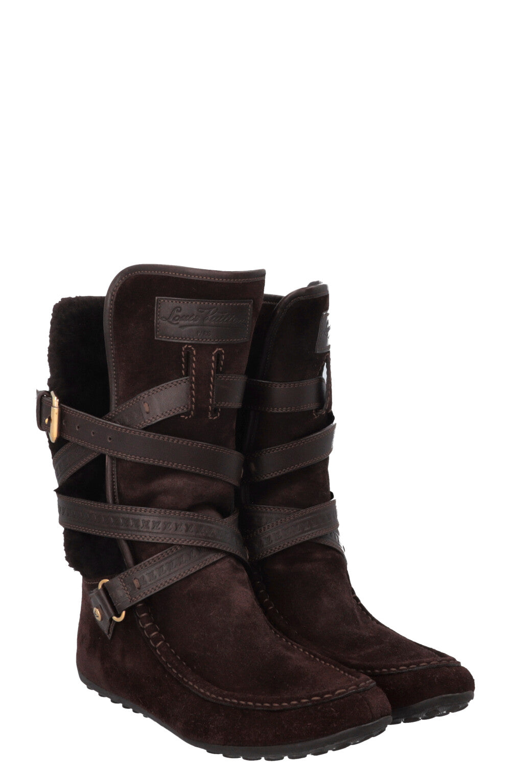 LOUIS VUITTON Moccasin Boots Fur Shearling Suede Brown