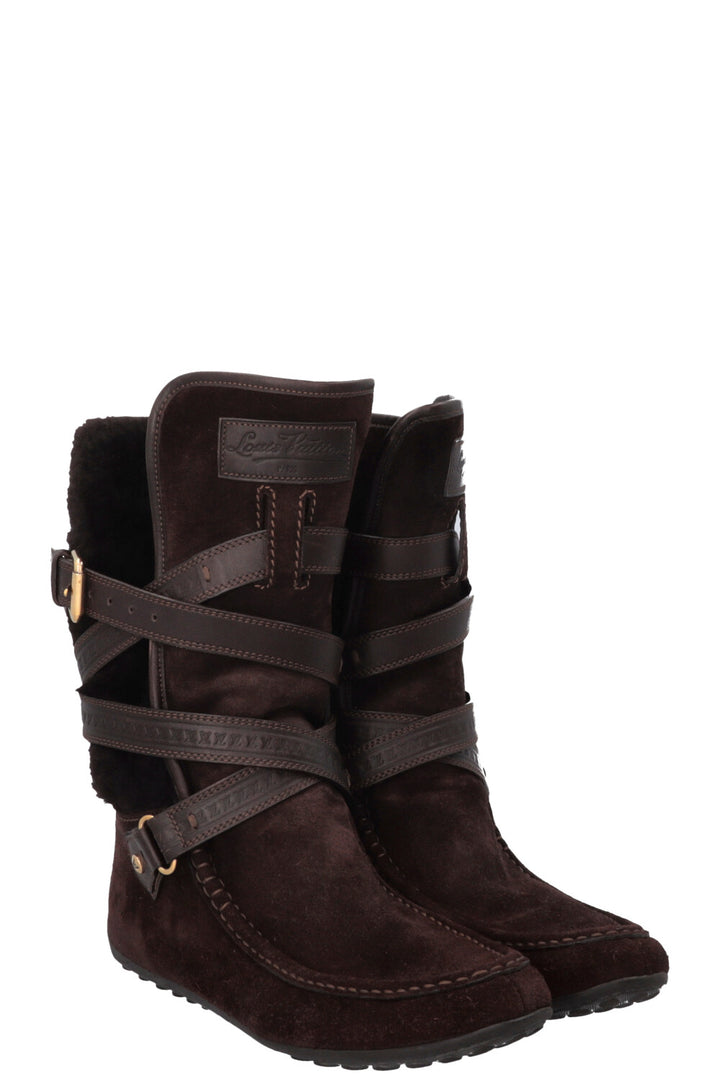 LOUIS VUITTON Moccasin Boots Fur Shearling Suede Brown