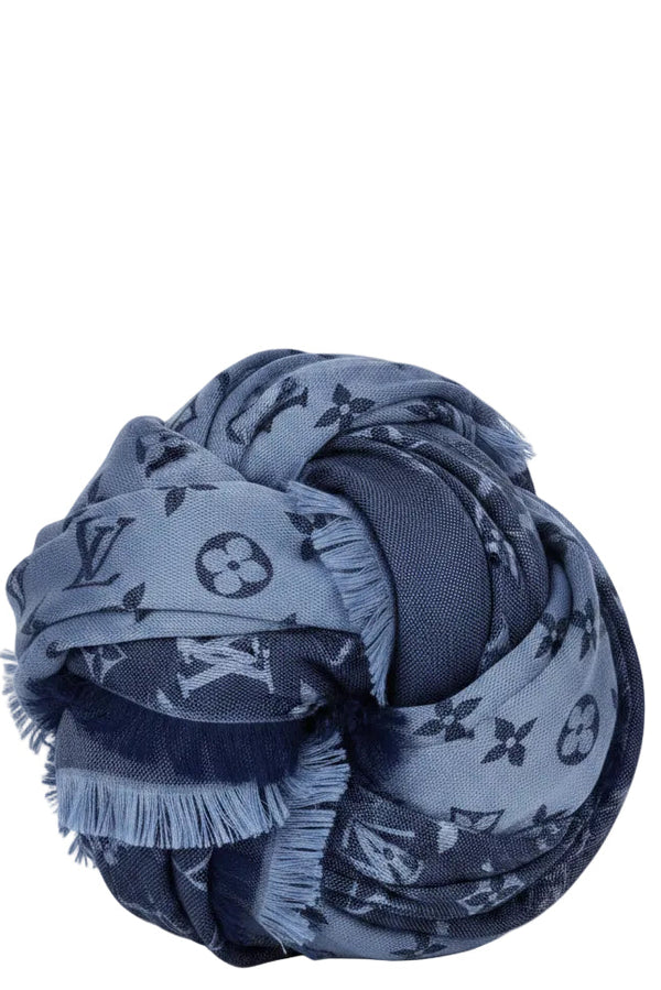 LOUIS VUITTON Fringed Scarf MNG Silk Blue