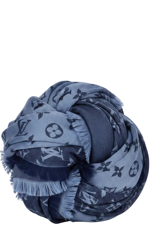 LOUIS VUITTON Fringed Scarf MNG Silk Blue