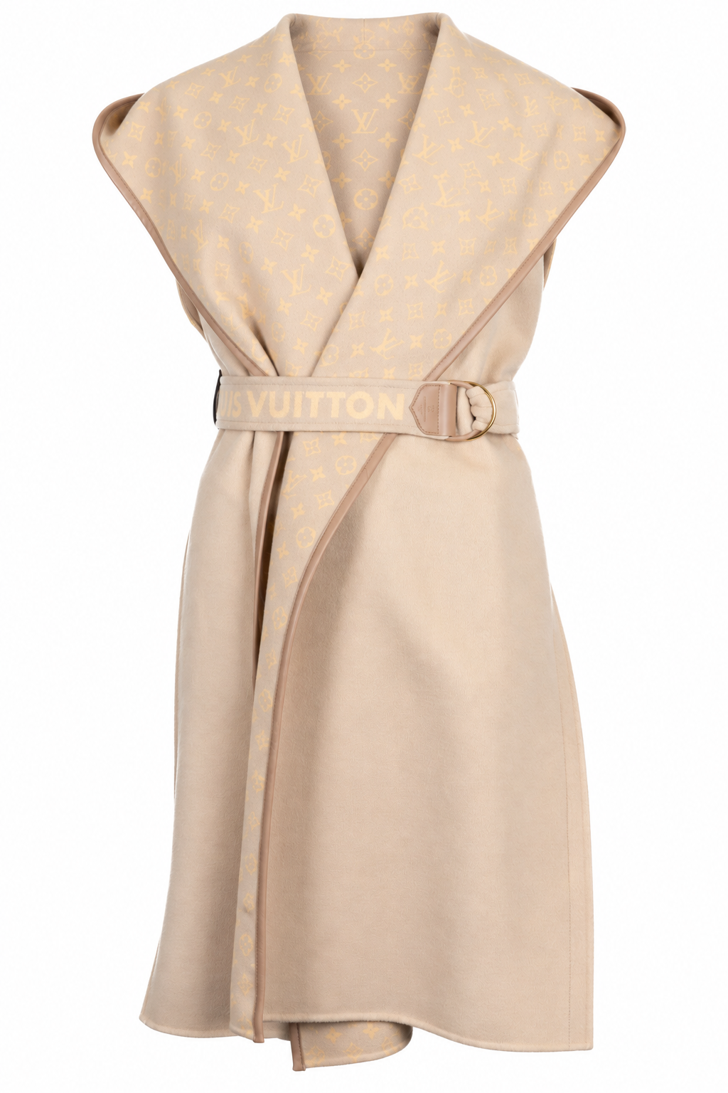 LOUIS VUITTON Belted Hooded Sleeveless Coat Wool Beige
