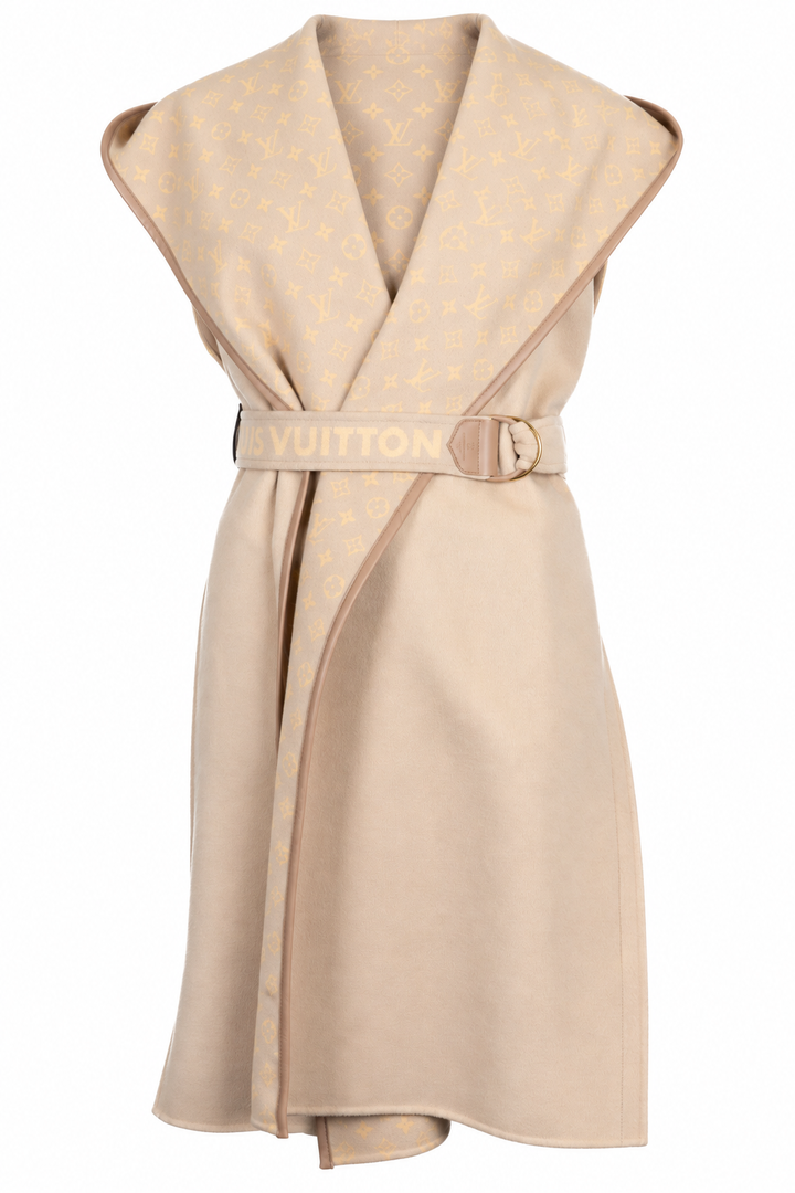 LOUIS VUITTON Belted Hooded Sleeveless Coat Wool Beige