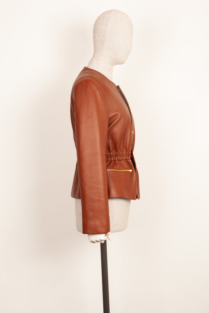 CELINE Smocked Belted Leather Jacket Cognac