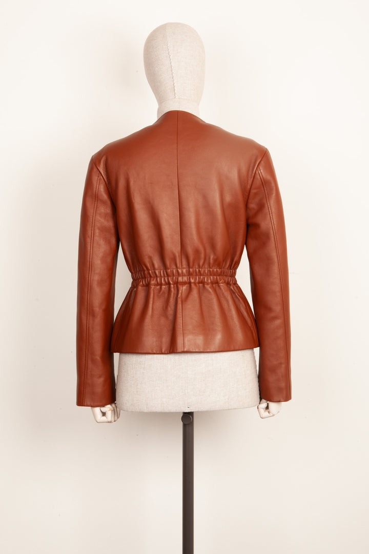 CELINE Smocked Belted Leather Jacket Cognac