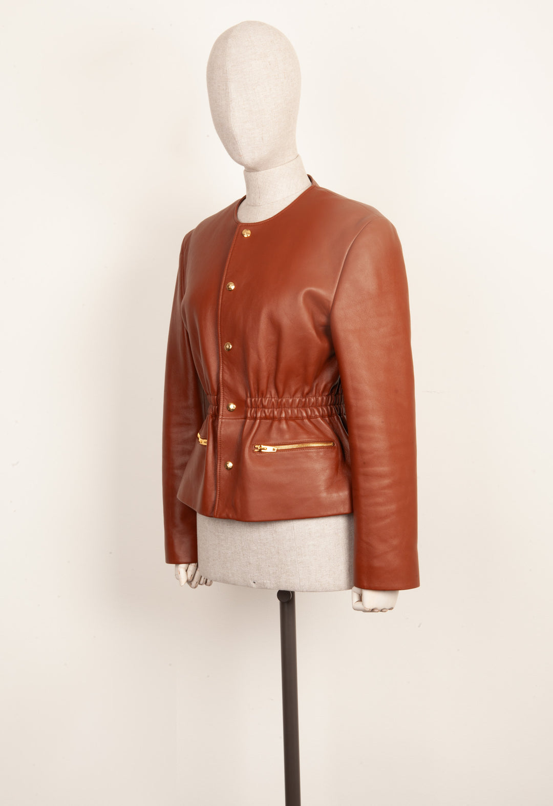 CELINE Smocked Belted Leather Jacket Cognac