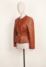 CELINE Smocked Belted Leather Jacket Cognac