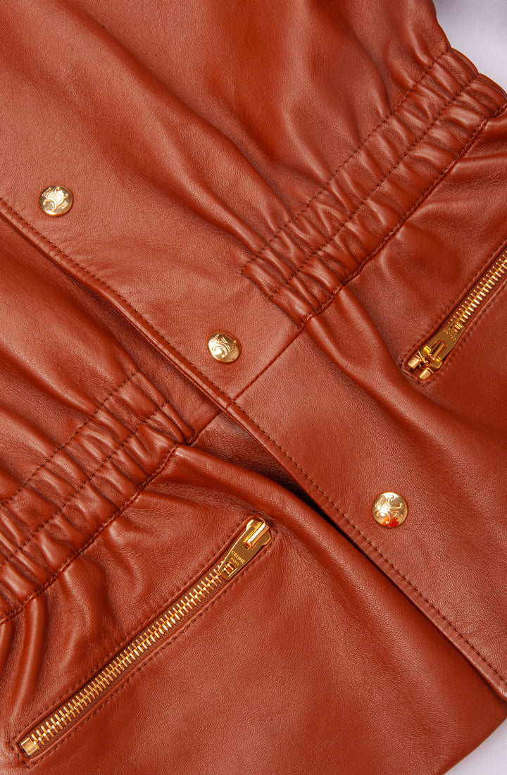 CELINE Smocked Belted Leather Jacket Cognac