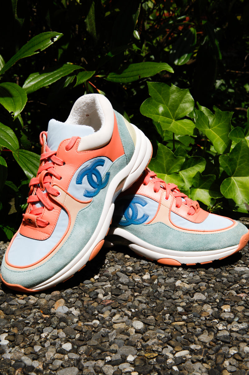 Chanel Multicolor Nylon And Leather CC Logo Lace Up Sneakers Size 37.5  Chanel | TLC