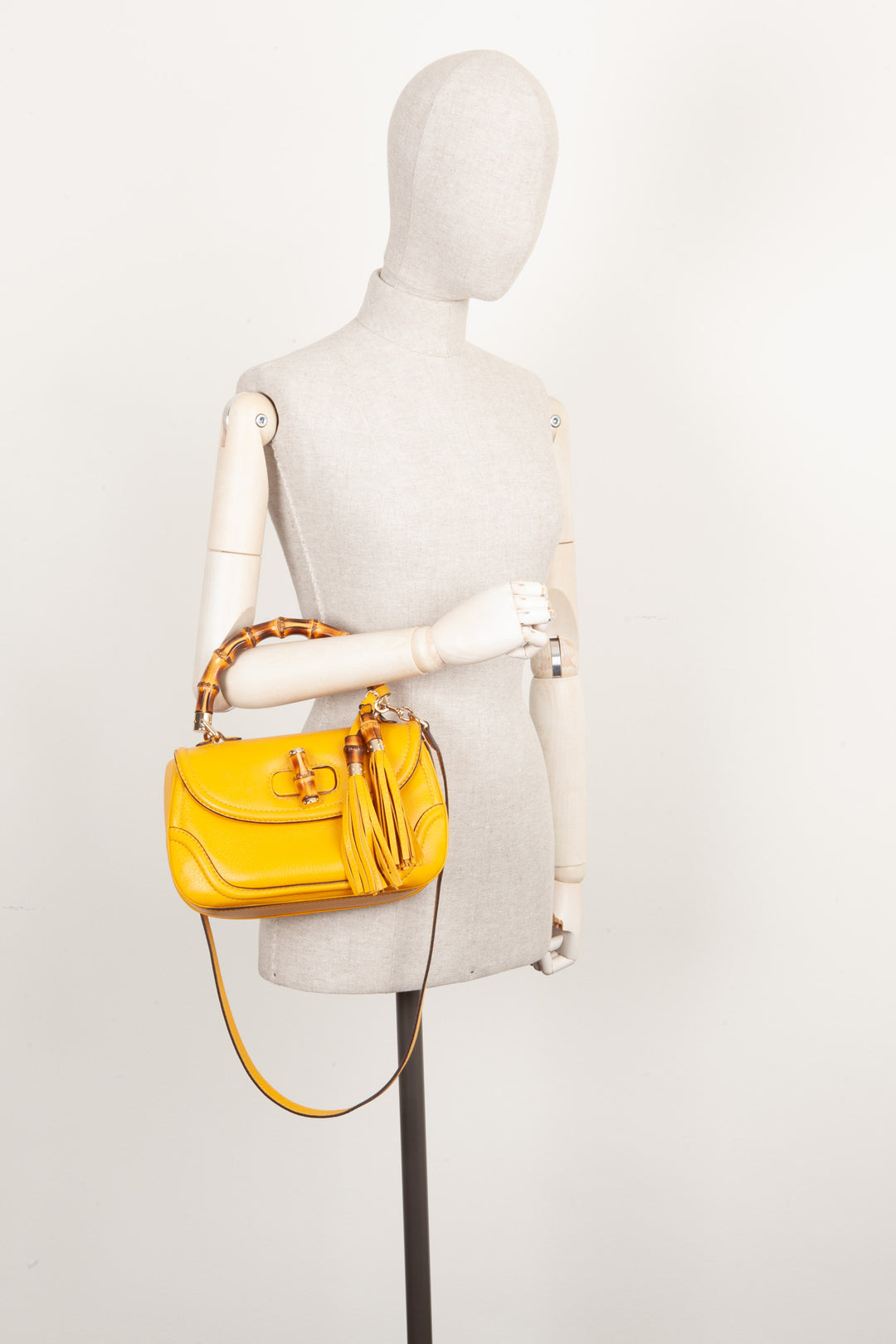 GUCCI 1947 New Convertible Bamboo Top Handle Bag Medium Yellow