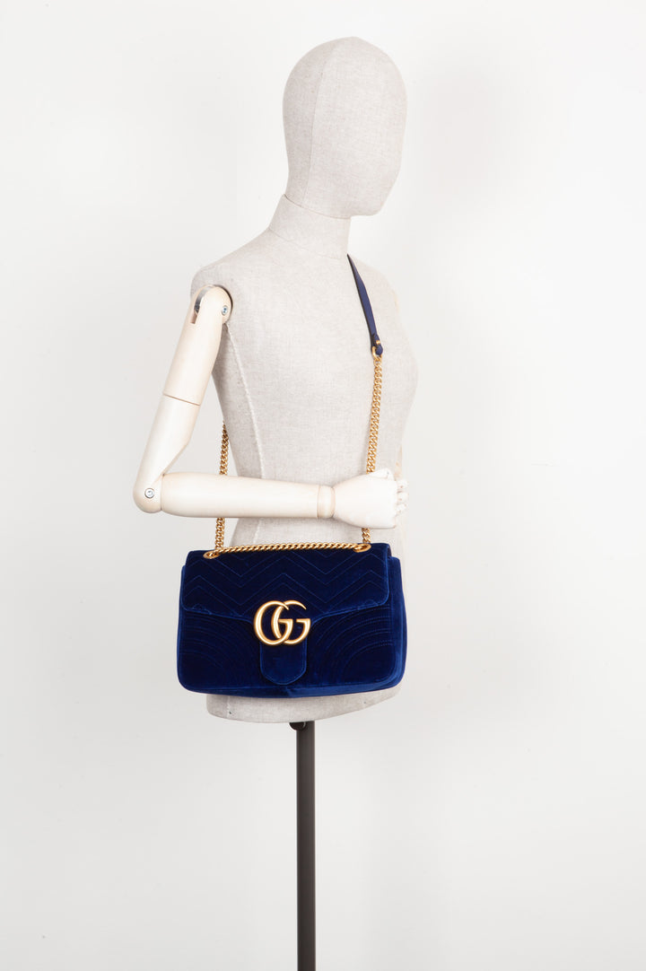 Sac GUCCI Marmont Moyen Velours Bleu