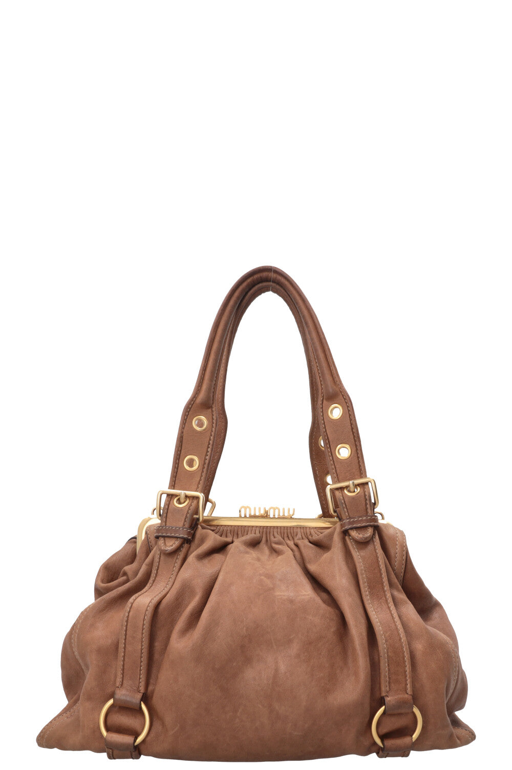 MIU MIU Logo Clasp Handbag Leather Brown