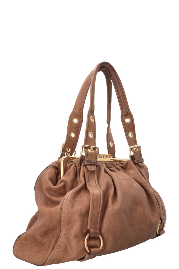MIU MIU Logo Clasp Handbag Leather Brown