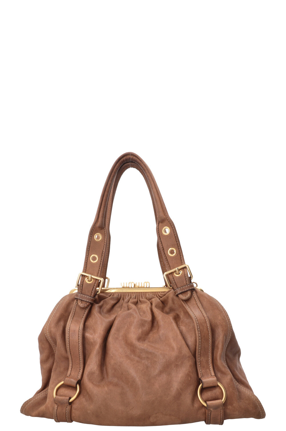 MIU MIU Logo Clasp Handbag Leather Brown