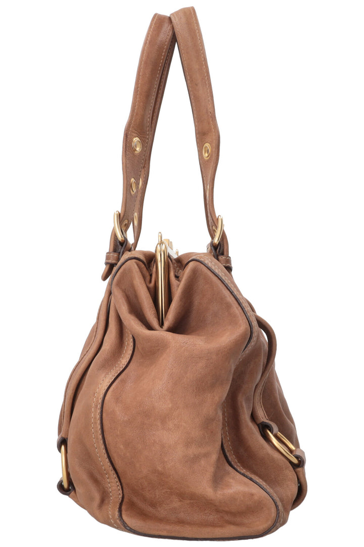 MIU MIU Logo Clasp Handbag Leather Brown