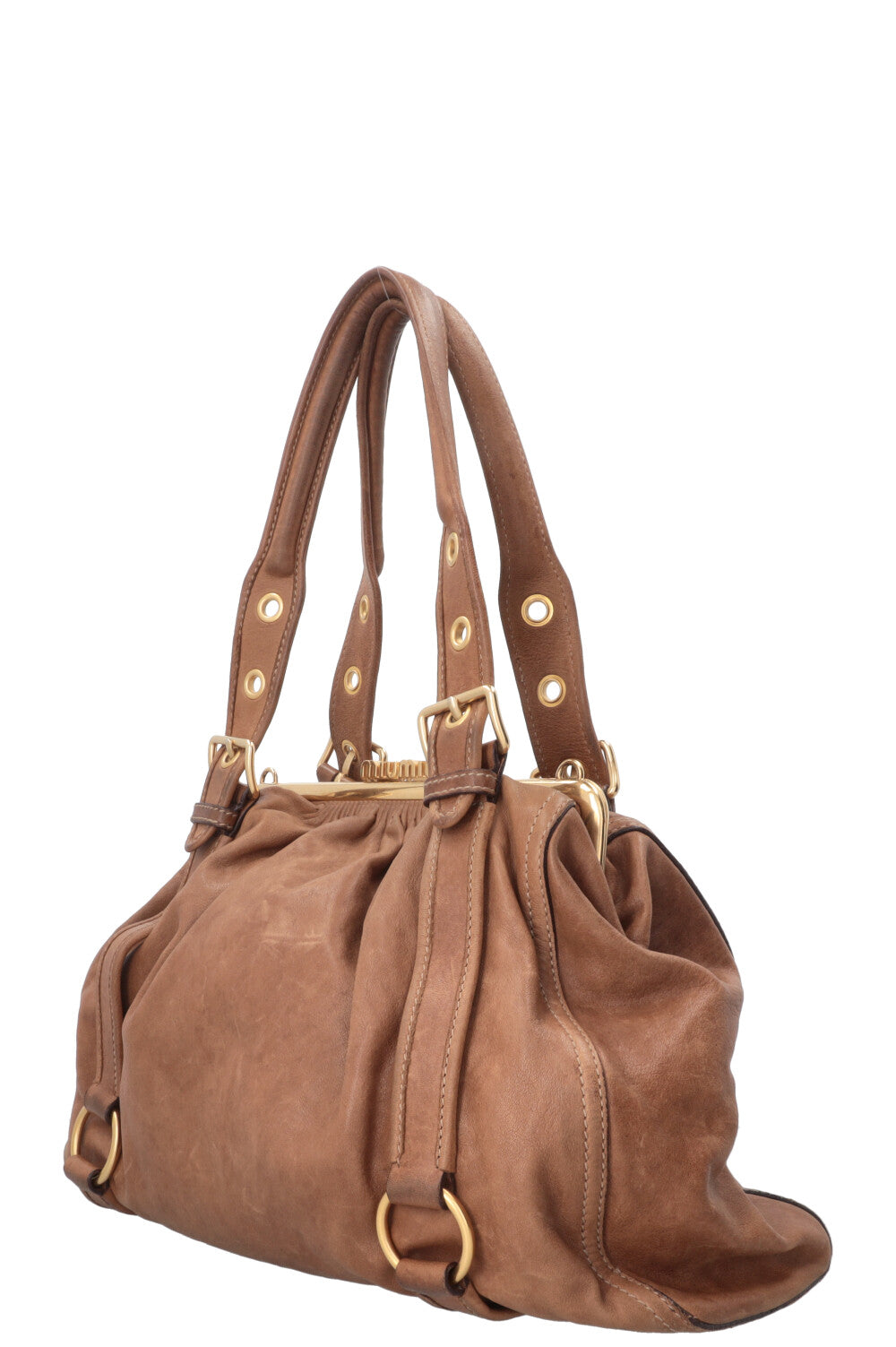 MIU MIU Logo Clasp Handbag Leather Brown