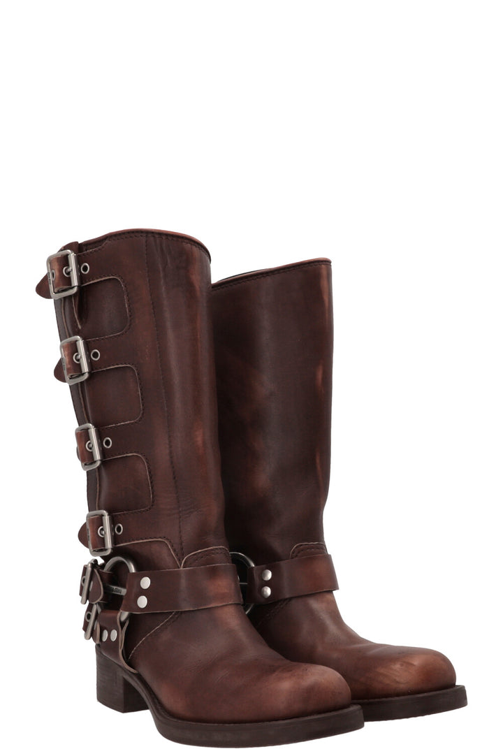 MIU MIU Sienna Buckled Harness Boots Leather Brown