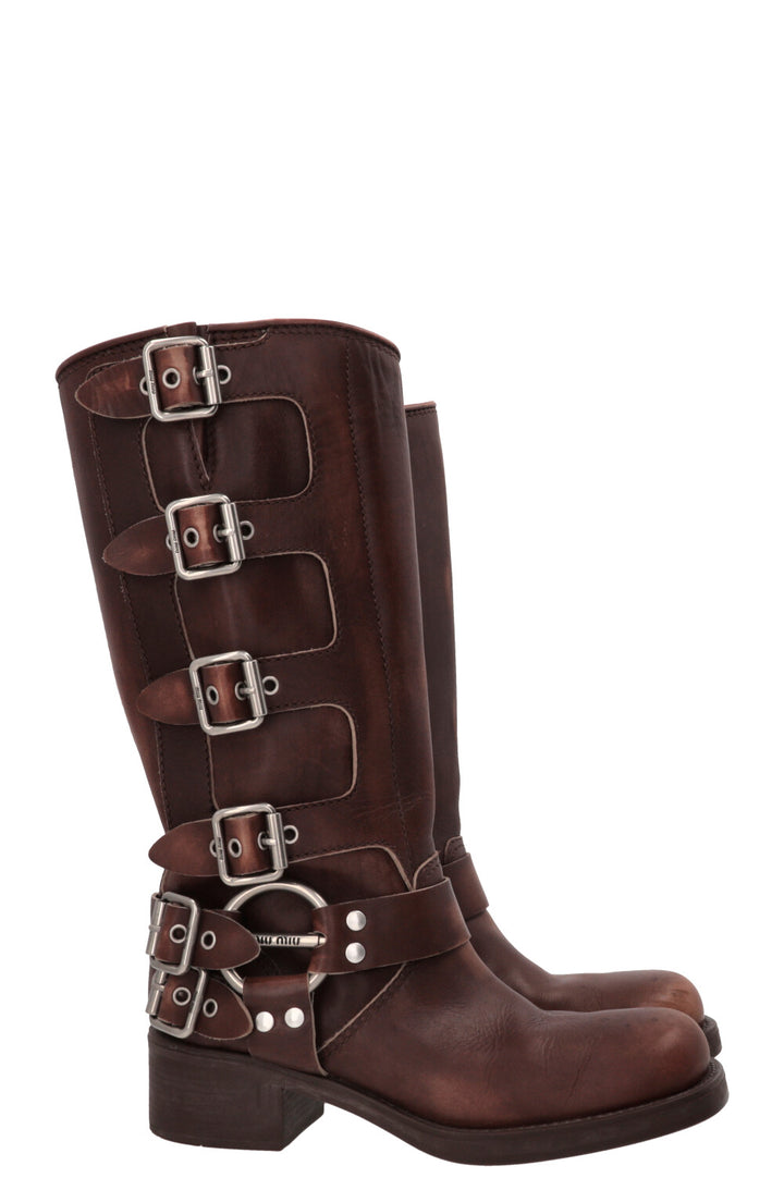 MIU MIU Sienna Buckled Harness Boots Leather Brown