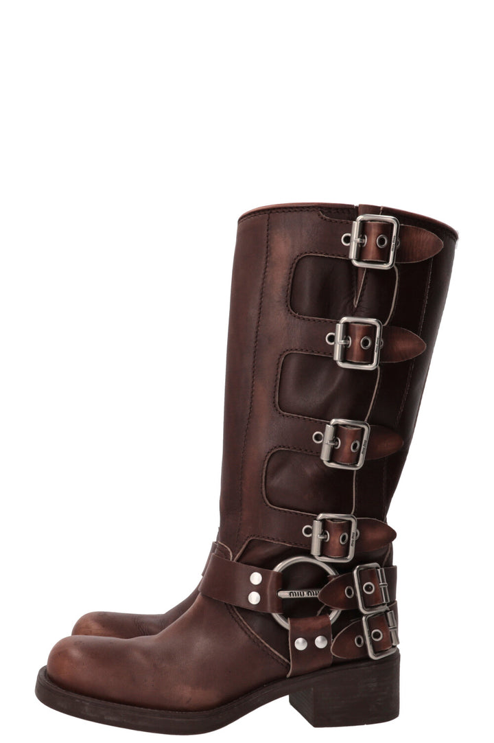 MIU MIU Sienna Buckled Harness Boots Leather Brown