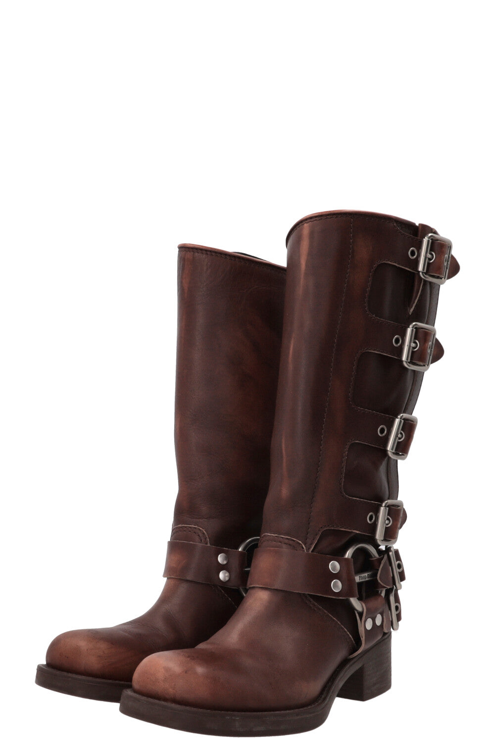 MIU MIU Sienna Buckled Harness Boots Leather Brown