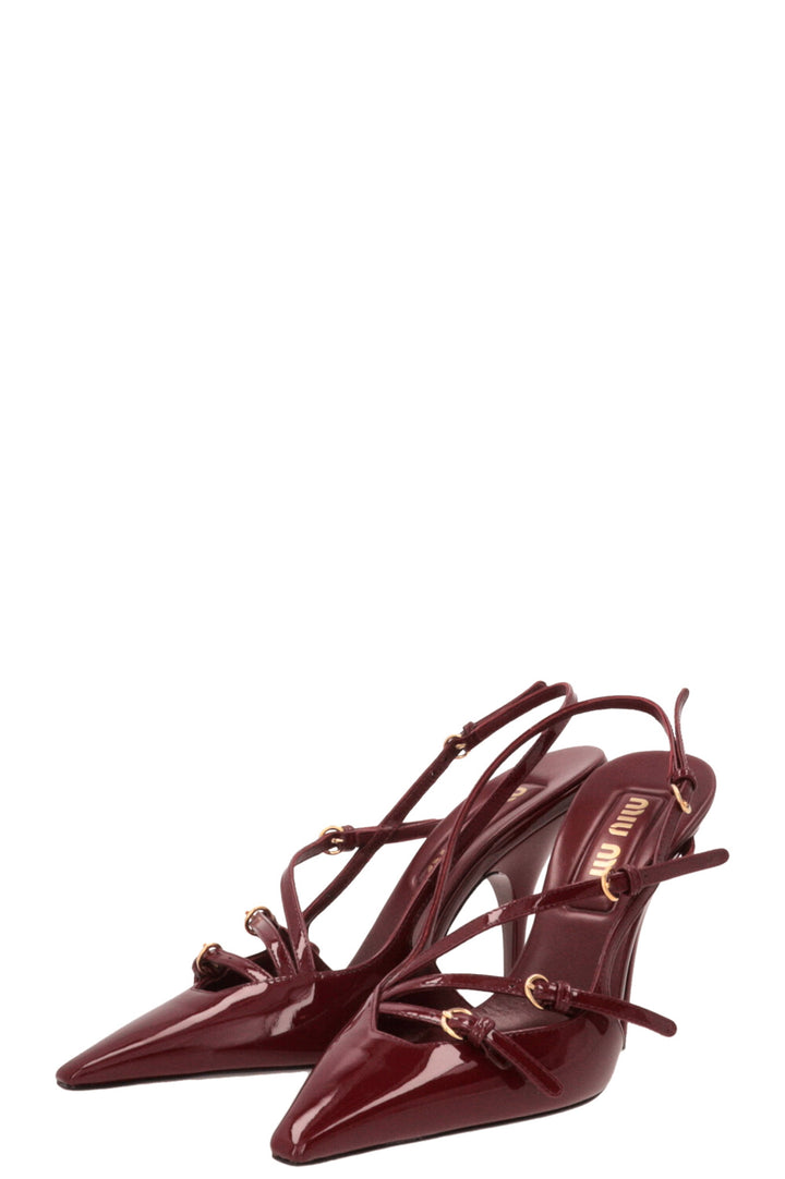 MIU MIU Buckled Slingback Heels Patent Burgundy