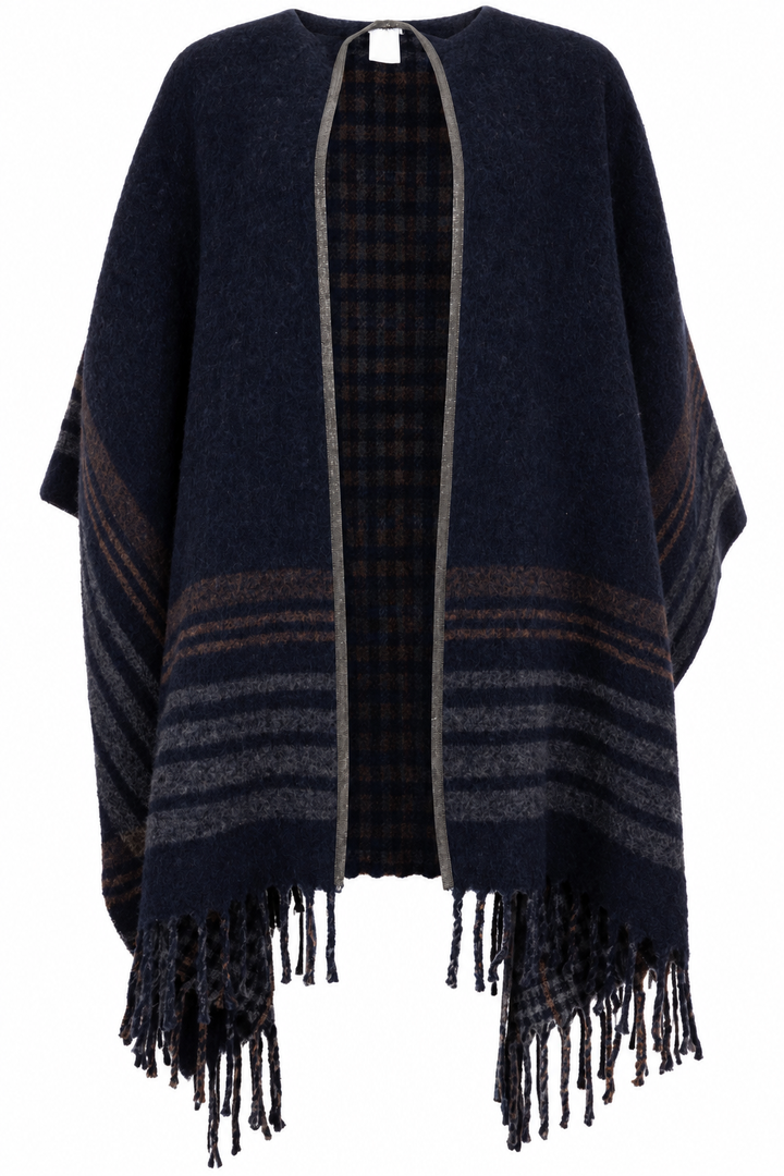 BRUNELLO CUCINELLI Double-Sided Monili Fringed Alpaca Poncho Blue