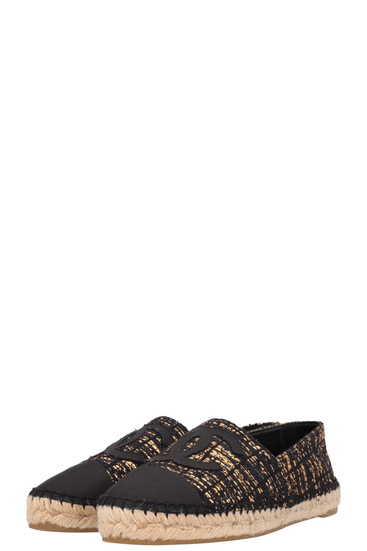 CHANEL Tweed CC Espadrilles Black Gold