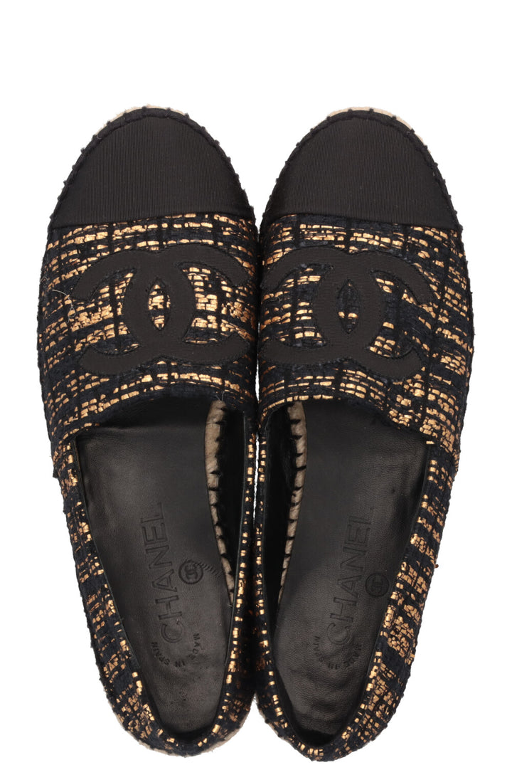 CHANEL Tweed CC Espadrilles Black Gold