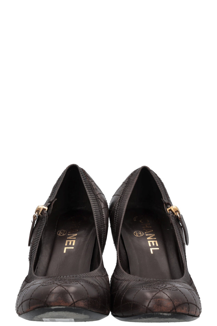 CHANEL Quilted Zip Heels Brown