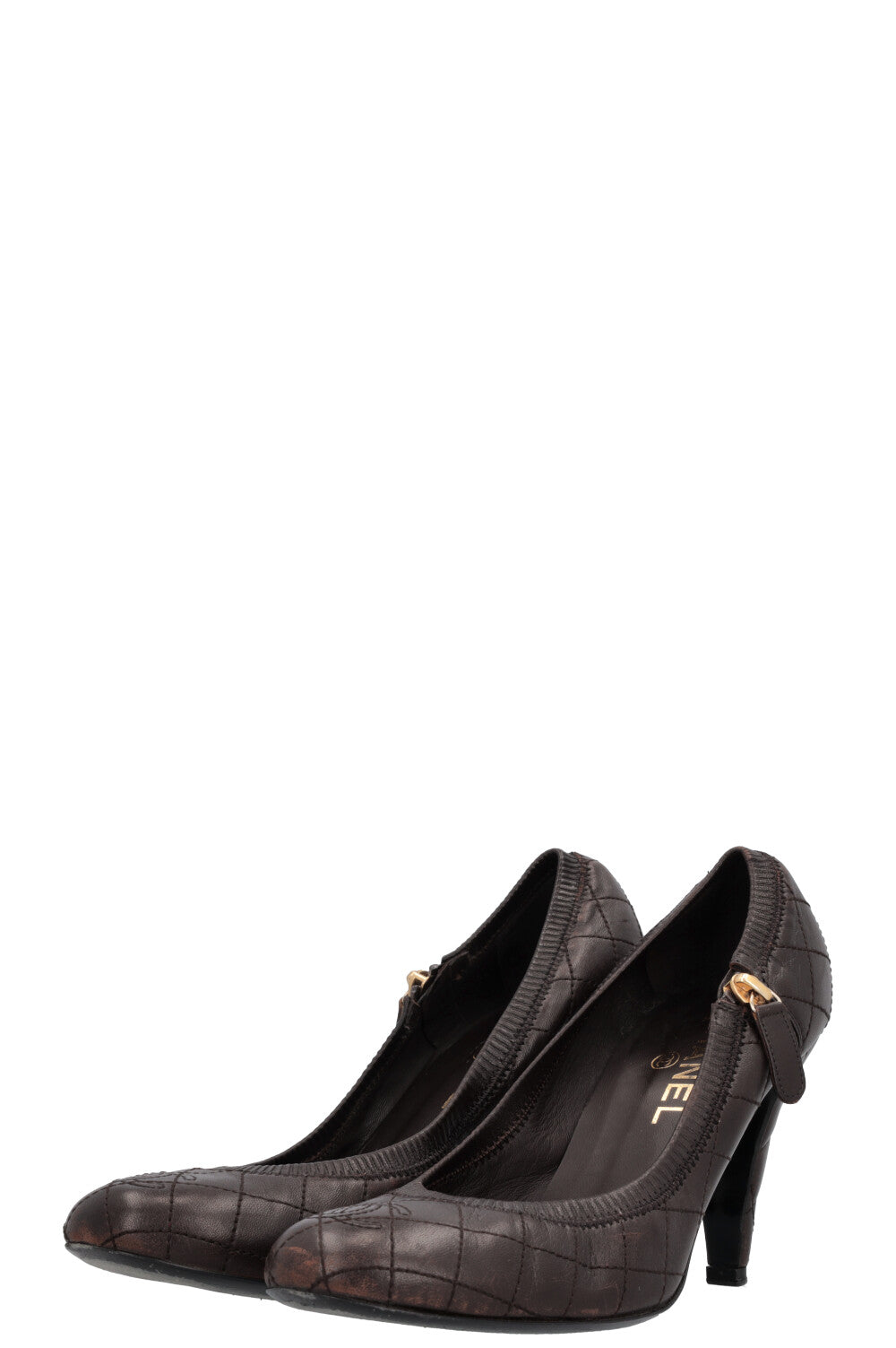 CHANEL Quilted Zip Heels Brown