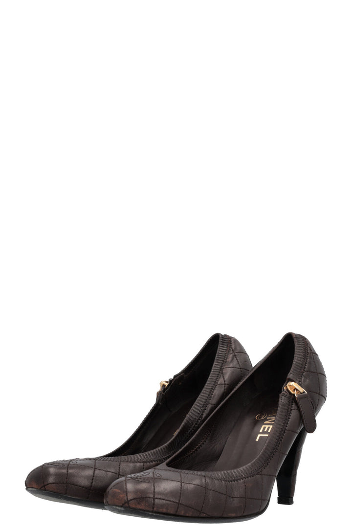 CHANEL Quilted Zip Heels Brown