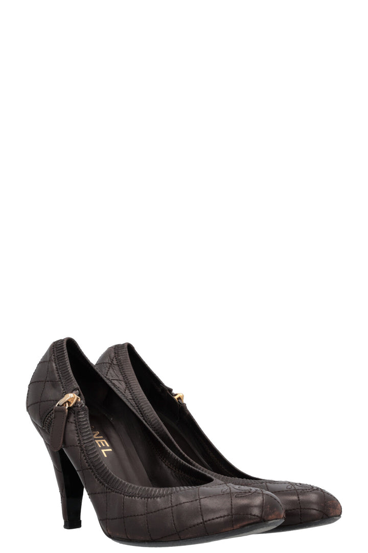CHANEL Quilted Zip Heels Brown