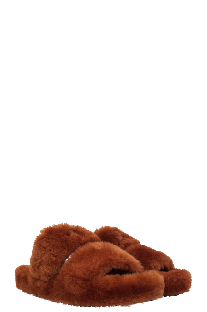 CELINE Triomphe Fur Slides Brown