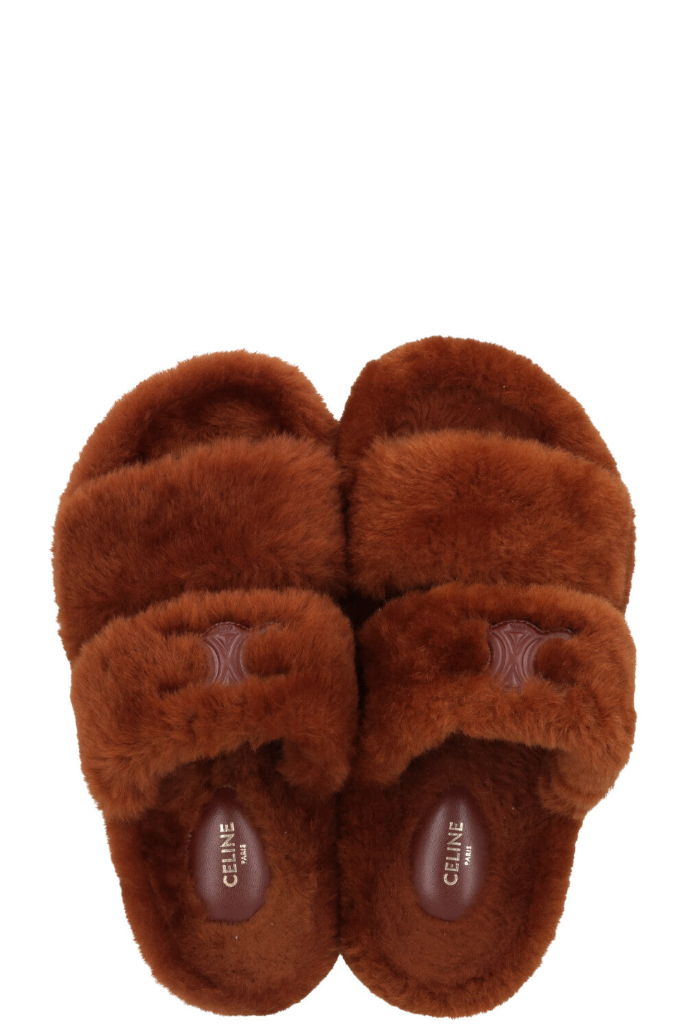 CELINE Triomphe Fur Slides Brown