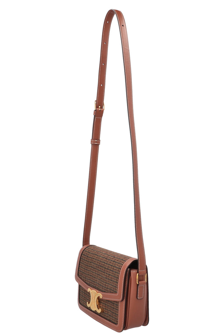 CELINE Teen Triomphe Houndstooth Crossbody Bag Brown