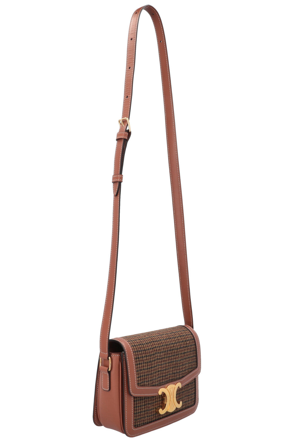 CELINE Teen Triomphe Houndstooth Crossbody Bag Brown