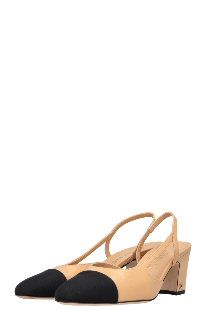 CHANEL Slingback Heels Leather Black Beige