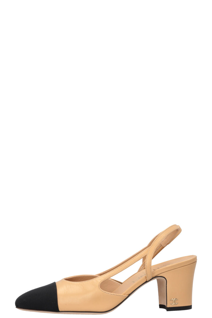 CHANEL Slingback Heels Leather Black Beige